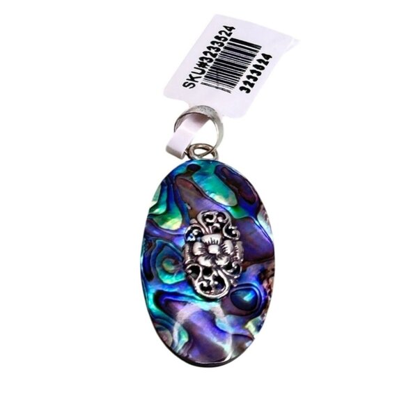 D'Joy Jewelry - Sterling Silver Oval Abalone Pendant With Floral Accent By DJoy